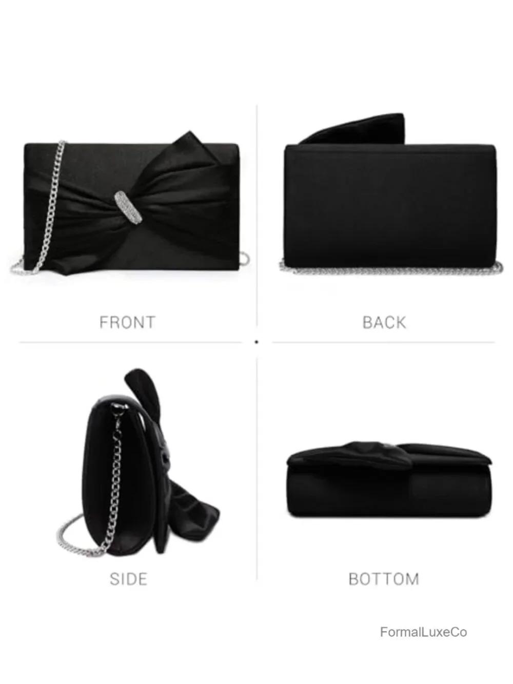 Satin Bow Flap Evening Clutch Rhinestone Prom Wedding Party Bag with Chain Strap